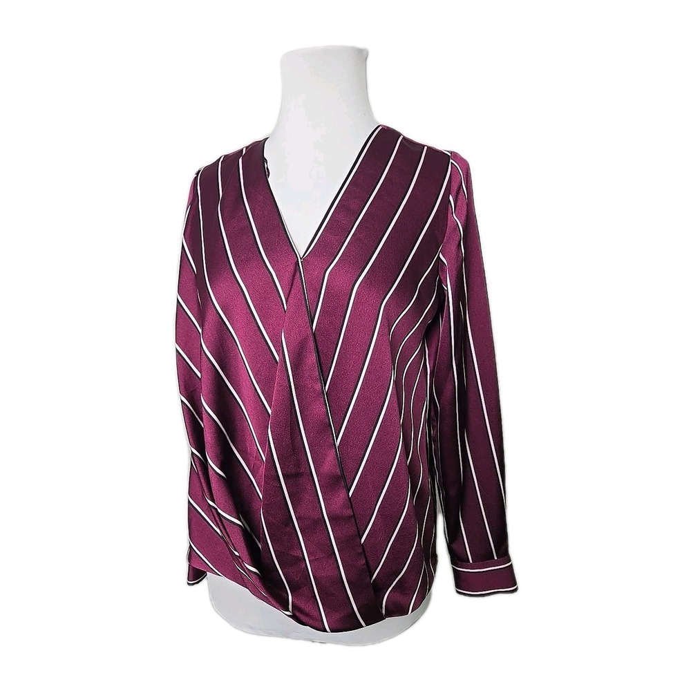 Vince Camuto Striped Satin Faux Wrap‎ Long Sleeve Blouse XXS Oversized